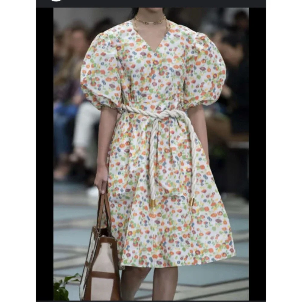 Tory Burch Taffeta Puffed Sleeve Dress Tossed Confetti Floral V-Neck 63672 SZ 10